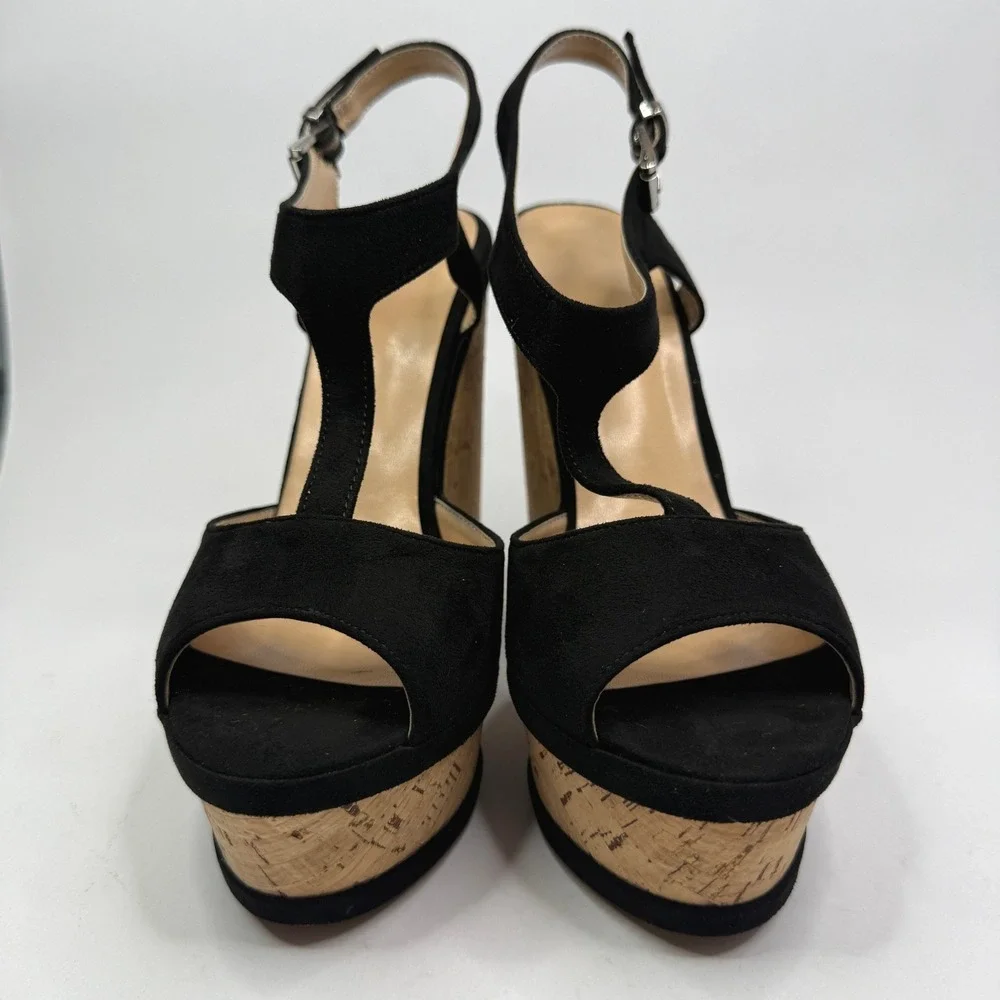 IDIFU IN5 Polly Wedges Womens 9 Black Nubuck Cork Platform T-Strap Sandals